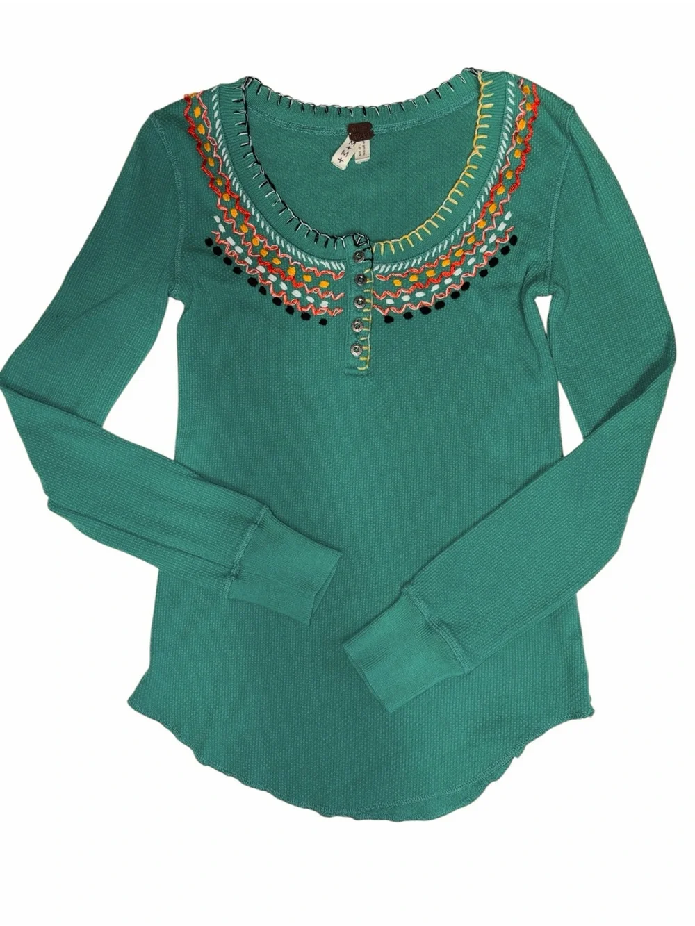 Free People Henley Waffle Thermal embroidery long sleeve top Emerald Green
